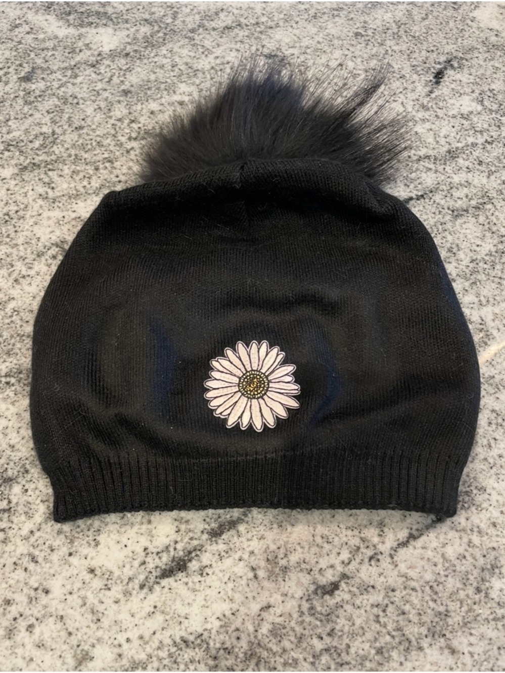 New Custom Designed Black Slouchy Pom Beanie with Embroidered Daisy